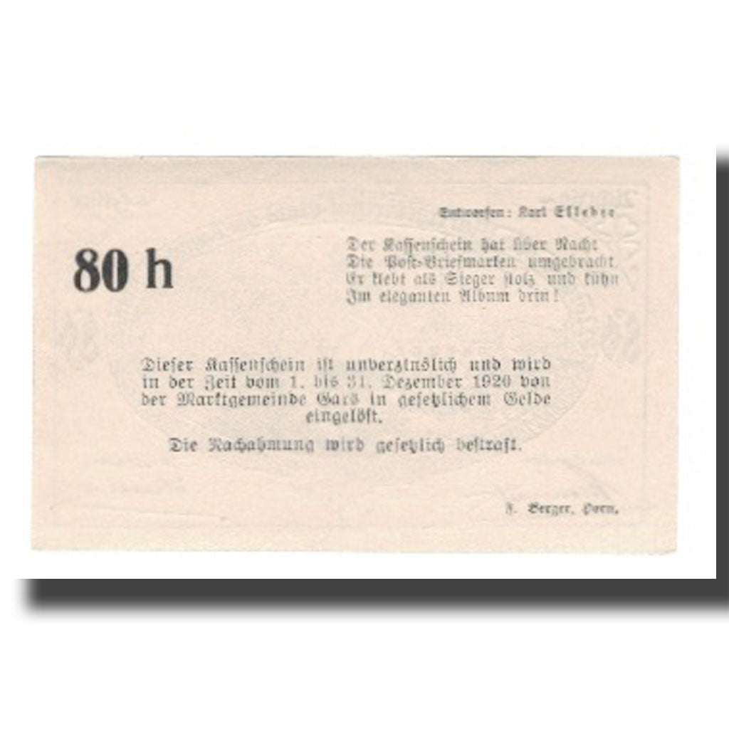 Banknote, Austria, Gars am Kamp N.Ö. Marktgemeinde, 80 Heller, Texte 6, 1920