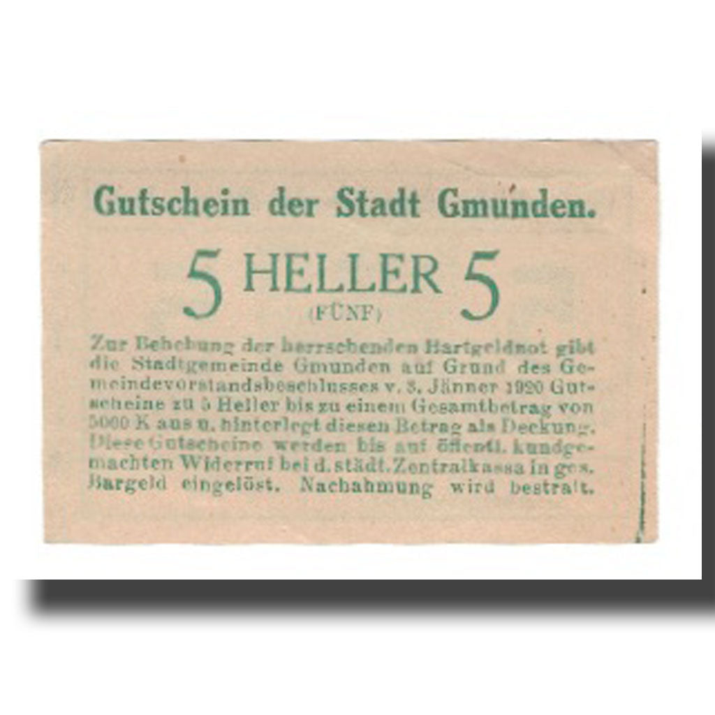 Banknote, Austria, Gmunden O.Ö. Stadt, 5 Heller, Texte, 1920, 1920-01-03