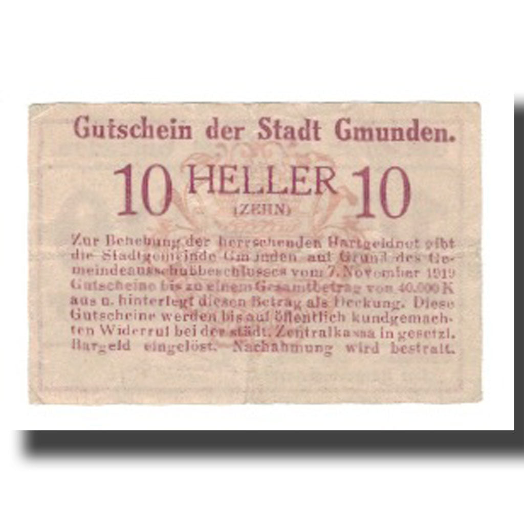 Banknot, Austria, Gmunden O.Ö. Stadt, 10 Heller, texte 1, 1920, 1920-01-03