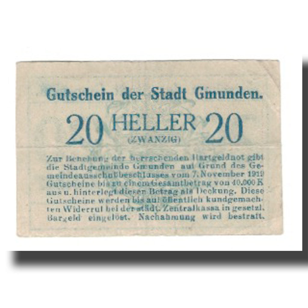 Banknot, Austria, Gmunden O.Ö. Stadt, 20 Heller, Texte 2, 1920, 1920-01-03