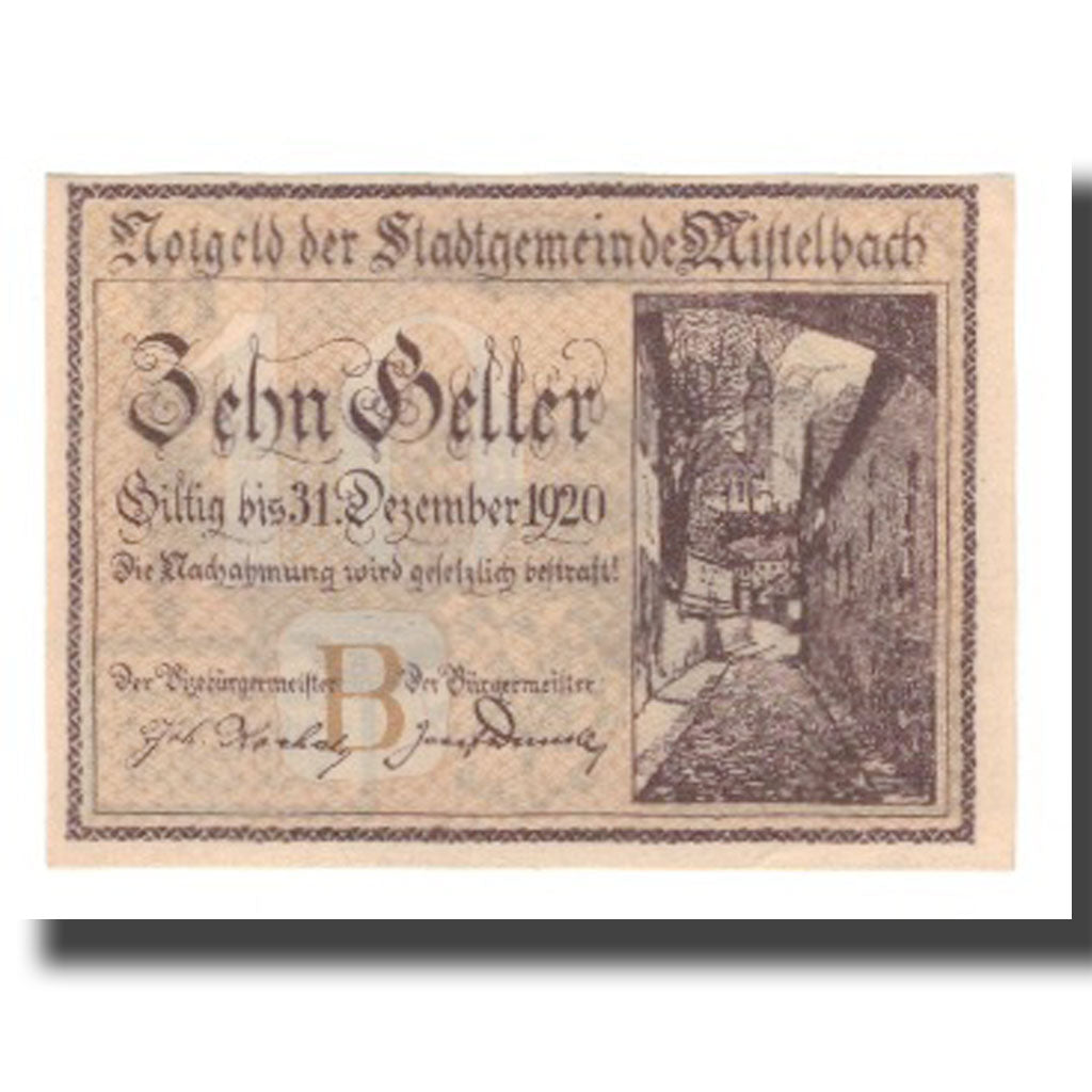 Banconote, Austria, Mistelbach N.Ö. Stadtgemeinde, 10 Heller, paysage, 1920