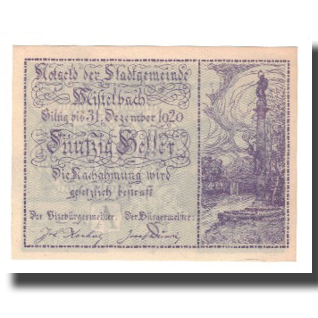 Geldschein, Österreich, Mistelbach N.Ö. Stadtgemeinde, 50 Heller, paysage 1
