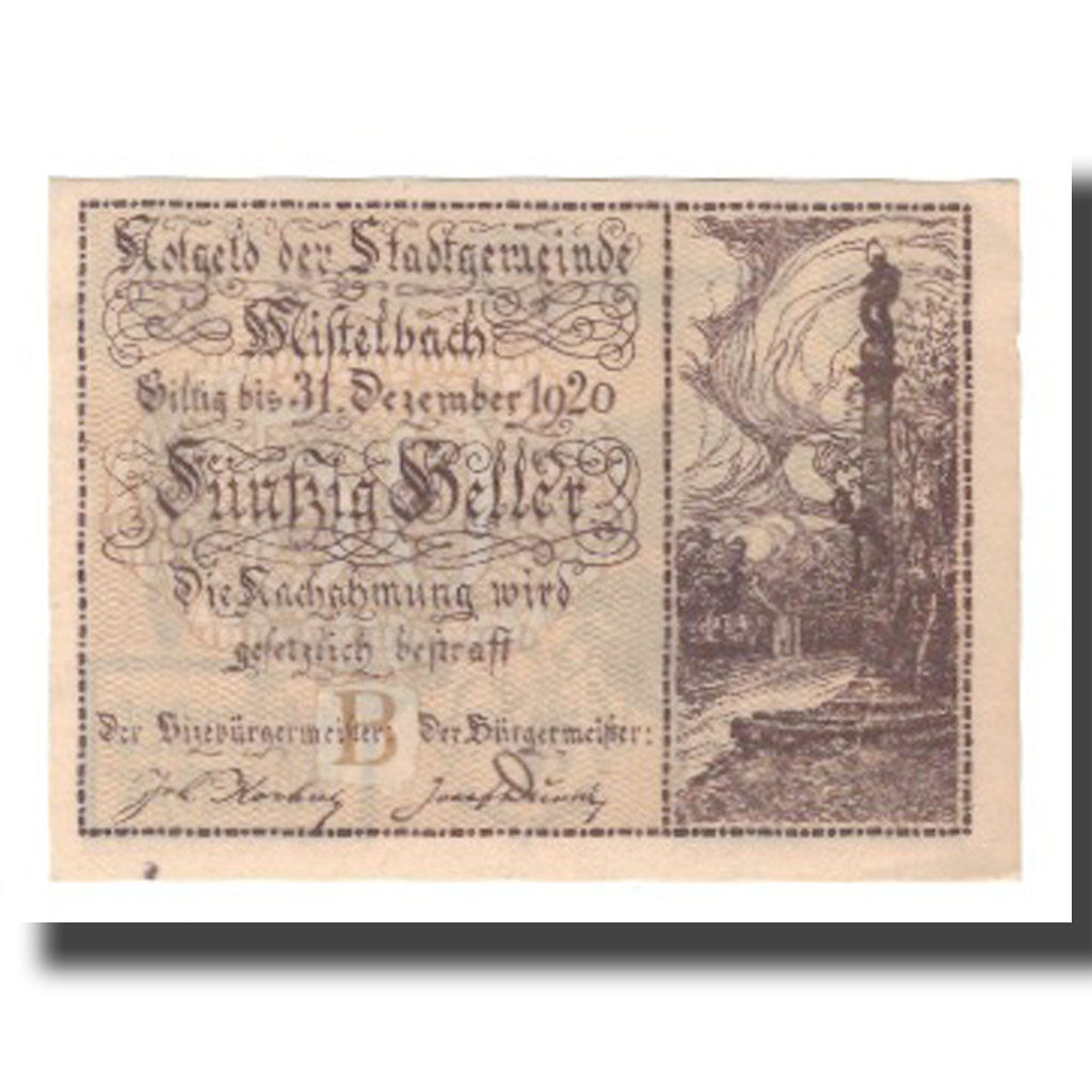 Banknot, Austria, Mistelbach N.Ö. Stadtgemeinde, 50 Heller, paysage 2, 1920