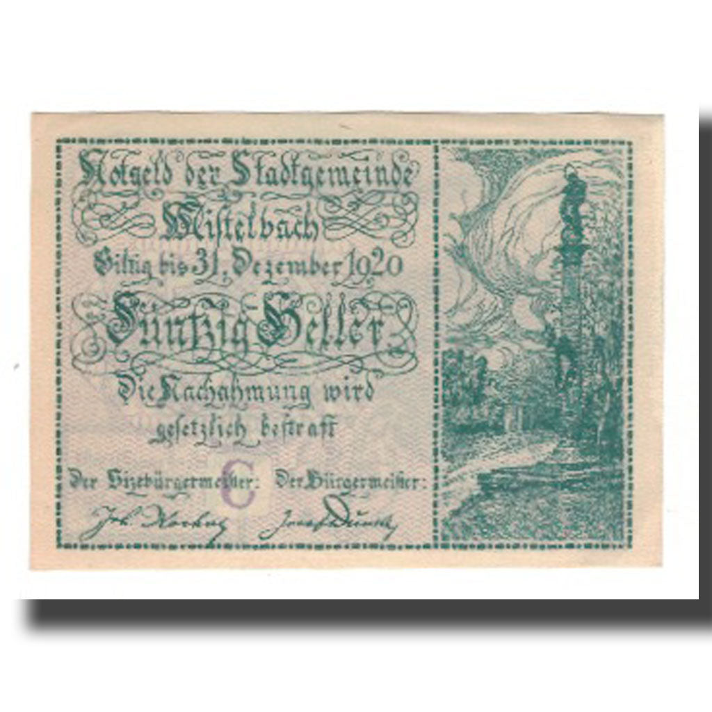 Geldschein, Österreich, Mistelbach N.Ö. Stadtgemeinde, 50 Heller, paysage 3