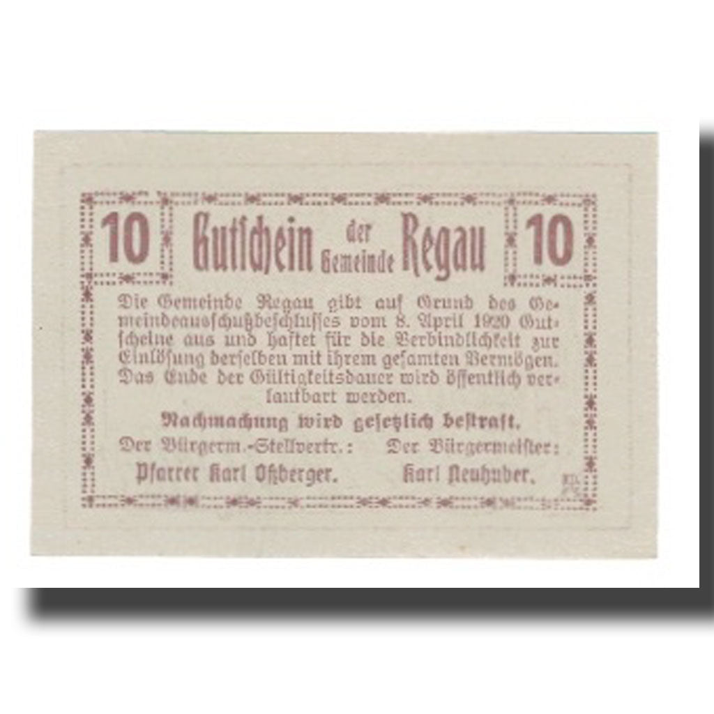 Banknote, Austria, Regau O.Ö. Gemeinde, 10 Heller, Texte, 1920, 1920-04-08