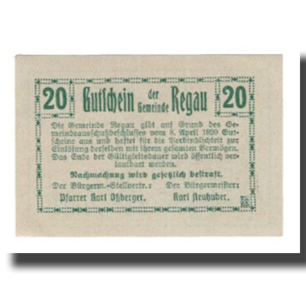Banconote, Austria, Regau O.Ö. Gemeinde, 20 Heller, texte 1, 1920, 1920-04-08