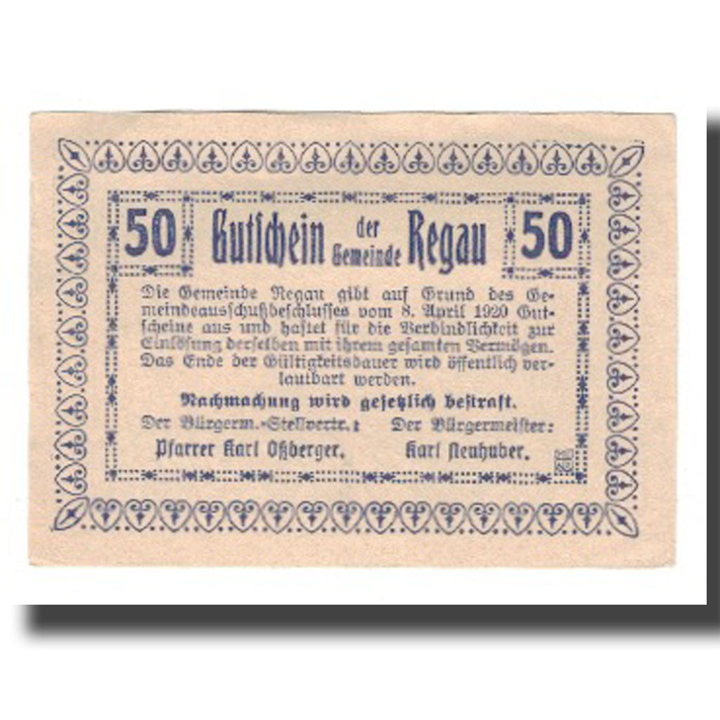 Geldschein, Österreich, Regau O.Ö. Gemeinde, 50 Heller, Texte 2, 1920