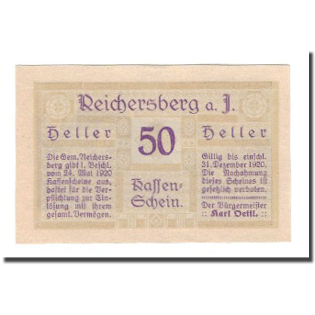 Banknote, Austria, Reichersberg O.Ö. Gemeinde, 50 Heller, village 1, 1920