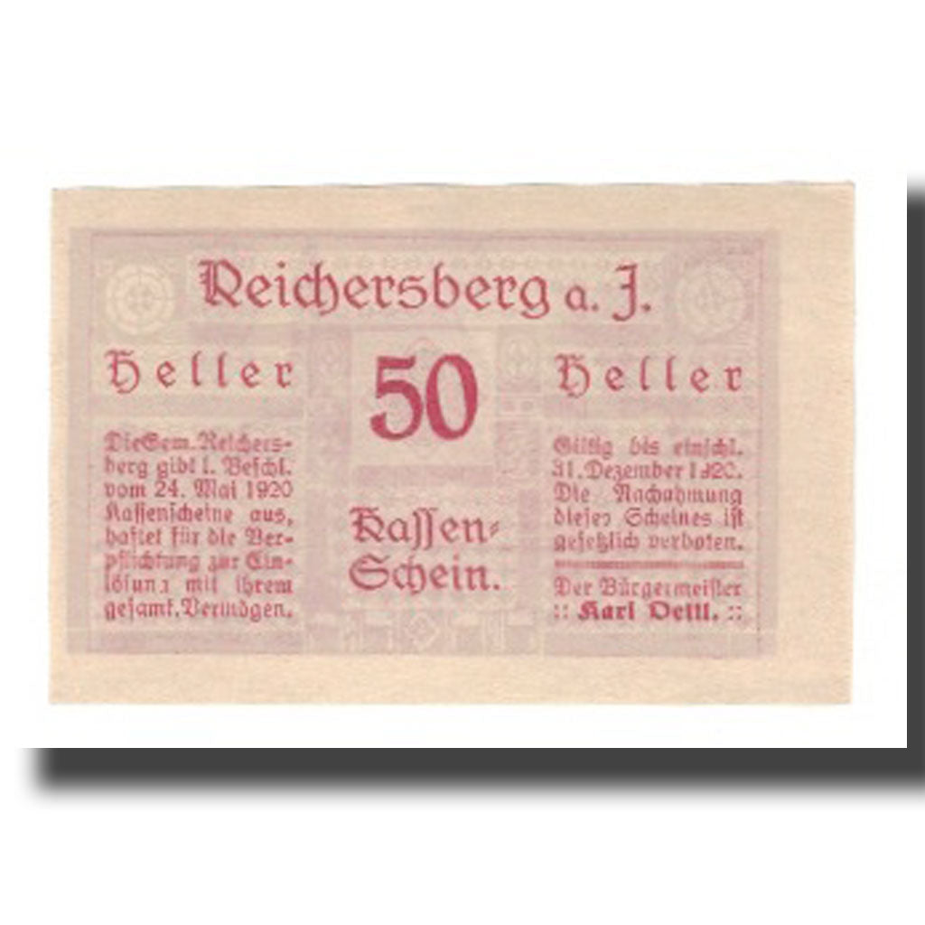 Geldschein, Österreich, Reichersberg O.Ö. Gemeinde, 50 Heller, village 2