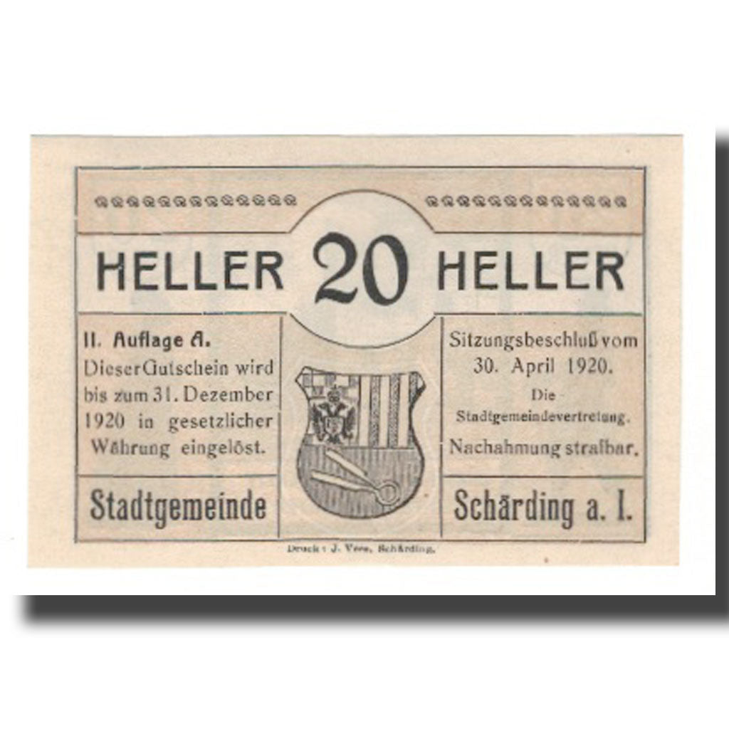 Banknot, Austria, Schärding O.Ö. Stadtgemeinde, 20 Heller, personnage, 1920