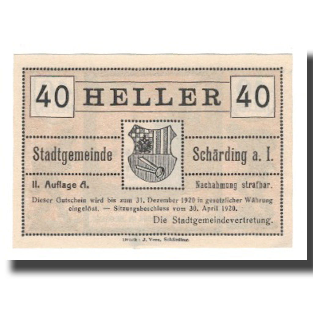 Banknot, Austria, Schärding O.Ö. Stadtgemeinde, 40 Heller, personnage 1, 1920