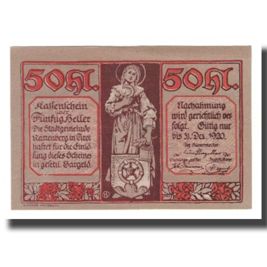 Banknote, Austria, Rattenberg Tirol Stadt, 50 Heller, paysage 1, 1920
