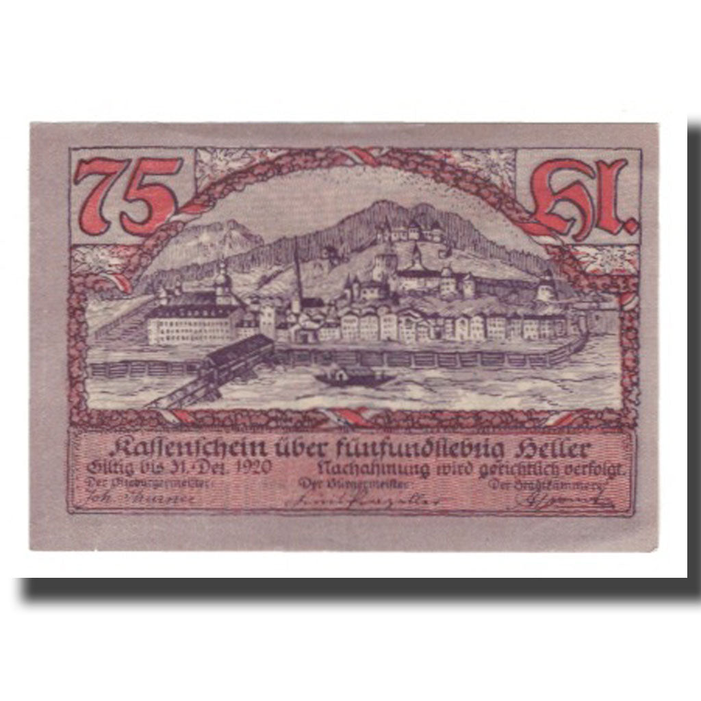 Banknote, Austria, Rattenberg Tirol Stadt, 75 Heller, paysage 2, 1920