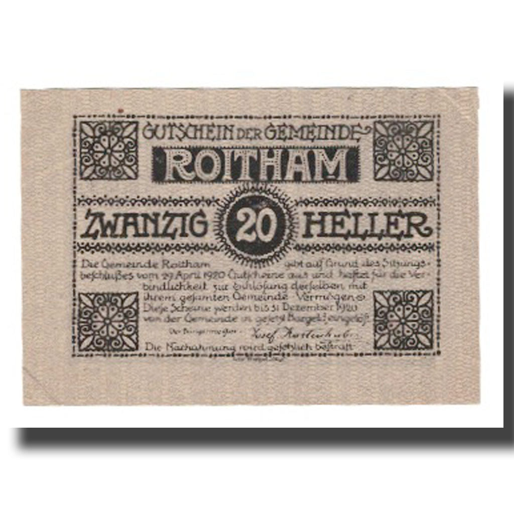 Banknot, Austria, Roitham O.Ö. Gemeinde, 20 Heller, paysage 1, 1920