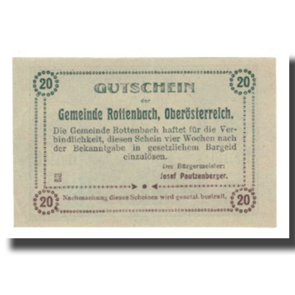 Geldschein, Österreich, Rottenbach O.Ö. Gemeinde, 20 Heller, Texte, VZ