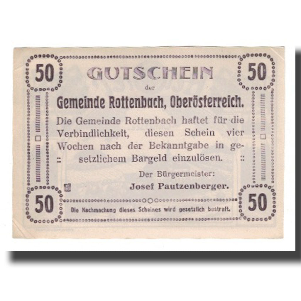 Banknot, Austria, Rottenbach O.Ö. Gemeinde, 50 Heller, Texte 2, Undated