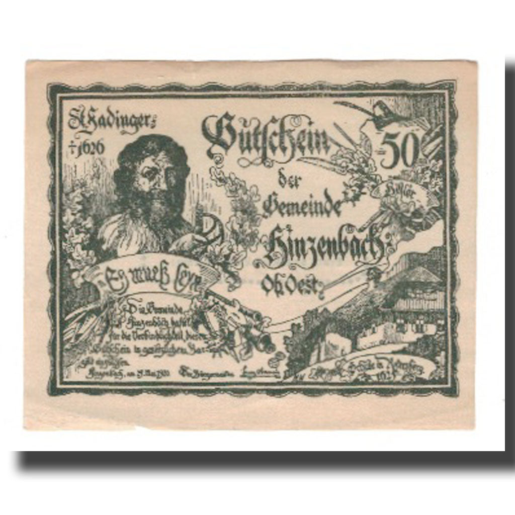 Nota, Áustria, Hinzenbach O.Ö. Gemeinde, 50 Heller, Imprimeur 2, 1920
