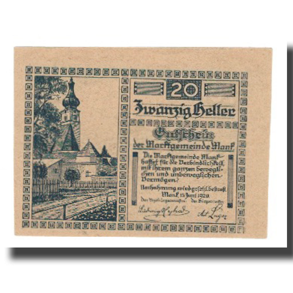 Banknot, Austria, Mank N.Ö. Marktgemeinde, 20 Heller, personnage 2, 1920