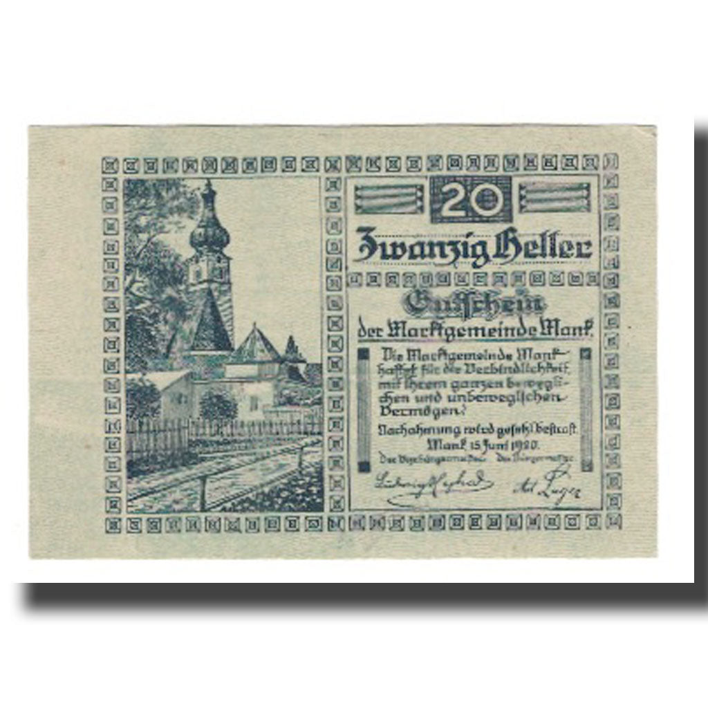 Banknot, Austria, Mank N.Ö. Marktgemeinde, 20 Heller, personnage 3, 1920