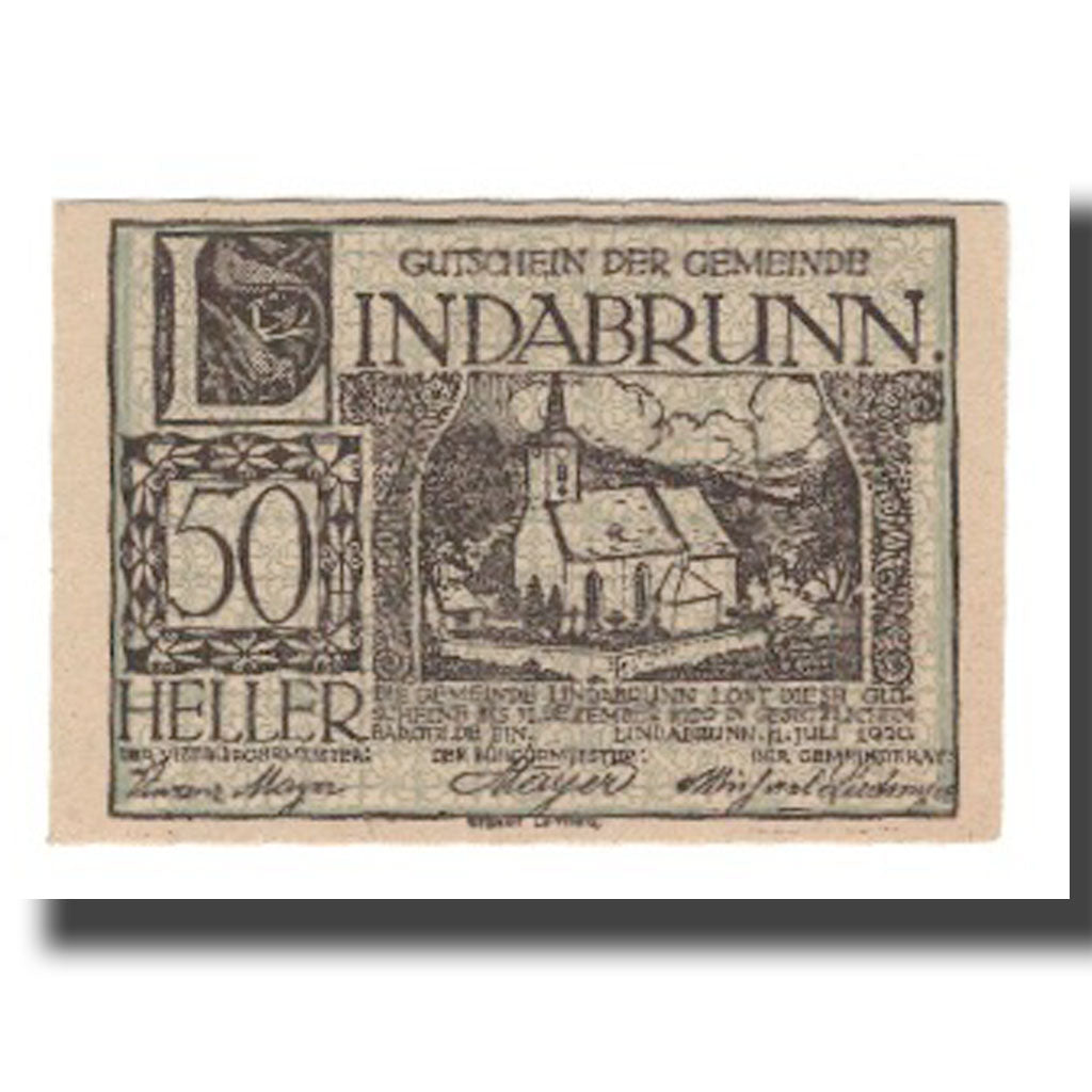 Banknot, Austria, Lindabrunn N.Ö. Gemeinde, 50 Heller, Texte, 1920, 1920-12-31