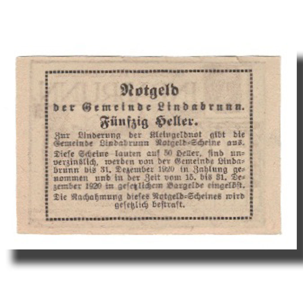 Banknot, Austria, Lindabrunn N.Ö. Gemeinde, 50 Heller, Texte, 1920, 1920-12-31