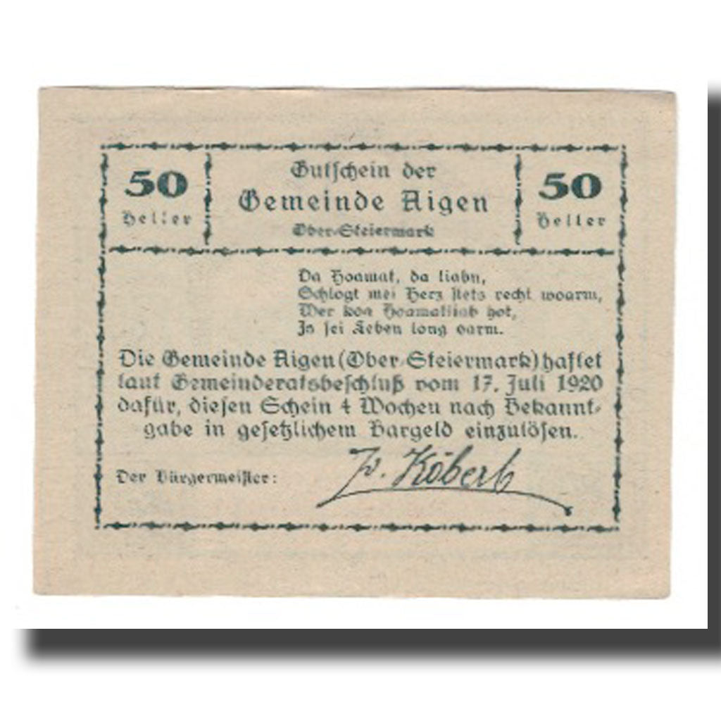Banknot, Austria, Aigen Stm. Gemeinde, 50 Heller, Texte, 1920, Undated
