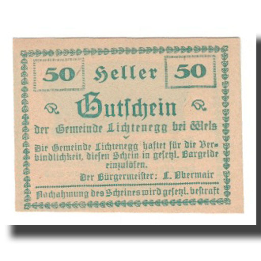 Banconote, Austria, Lichtenegg O.Ö. Gemeinde, 50 Heller, paysage, 1920