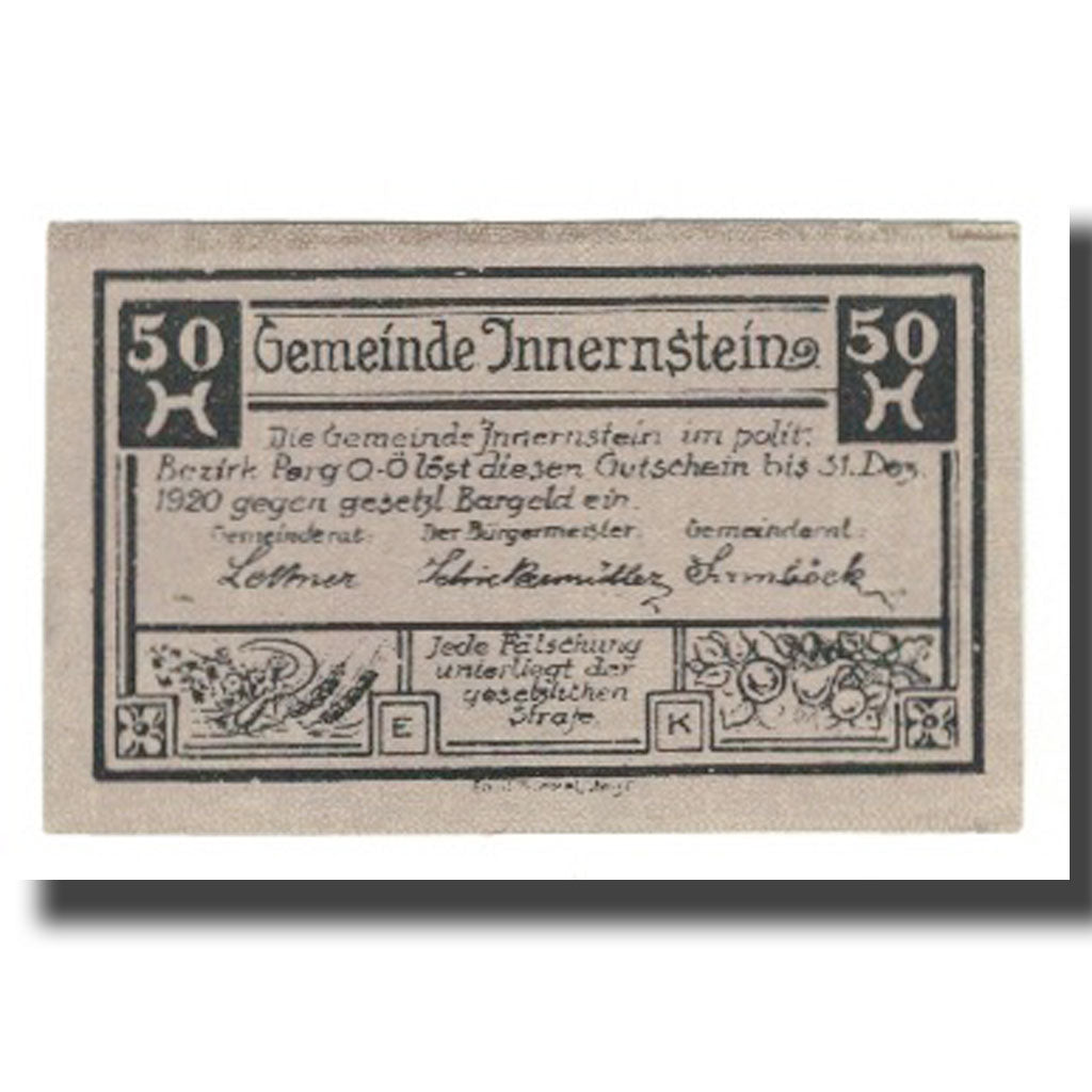 Geldschein, Österreich, Innernstein O.Ö. Gemeinde, 50 Heller, paysage, 1920