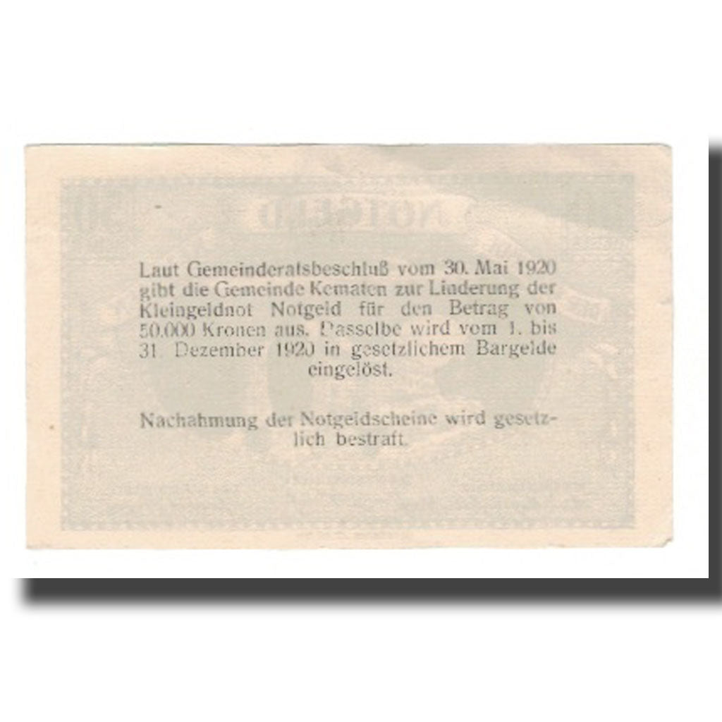 Banknot, Austria, Kematen N.Ö. Gemeinde, 50 Heller, Texte, 1920, 1920-12-31