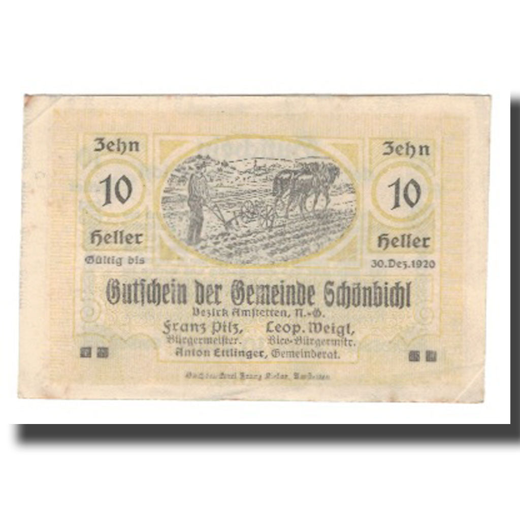 Geldschein, Österreich, Schönbichl N.Ö. Gemeinde, 10 Heller, Texte, 1920