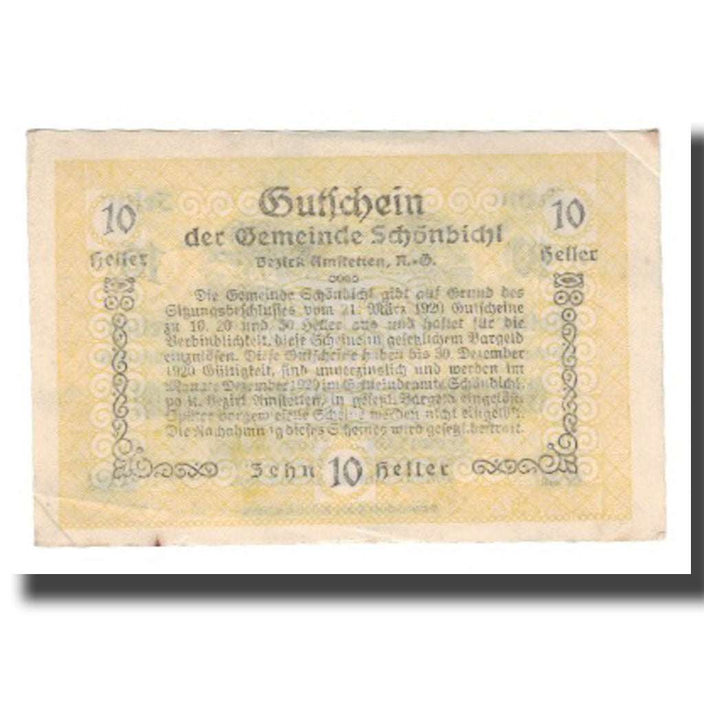 Geldschein, Österreich, Schönbichl N.Ö. Gemeinde, 10 Heller, Texte, 1920