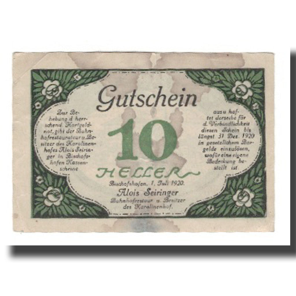 Banconote, Austria, Bischofshofen Sbg. Prv. Bahnhofrestaurant Karolinenhof, 10