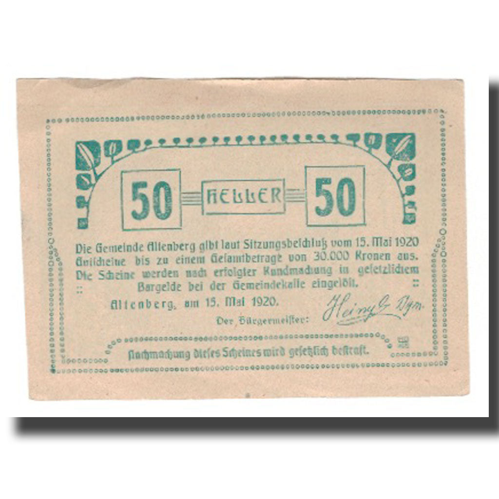 Banknot, Austria, Altenberg O.Ö. Gemeinde, 50 Heller, Texte, 1920, 1920-05-15