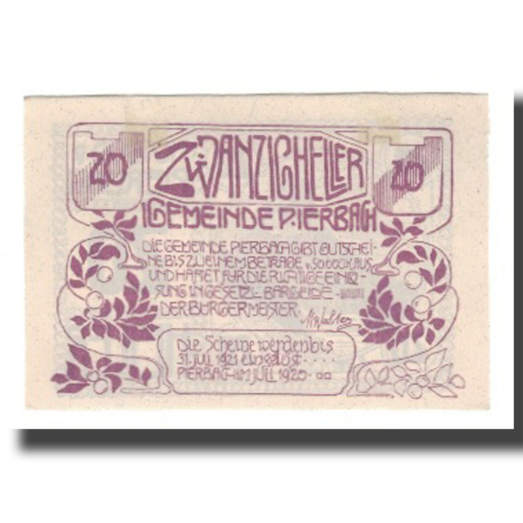 Geldschein, Österreich, Pierbach O.Ö. Gemeinde, 20 Heller, paysage, 1921, VZ