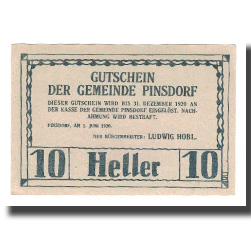 Banknot, Austria, Pinsdorf O.Ö. Gemeinde, 10 Heller, valeur faciale, 1920