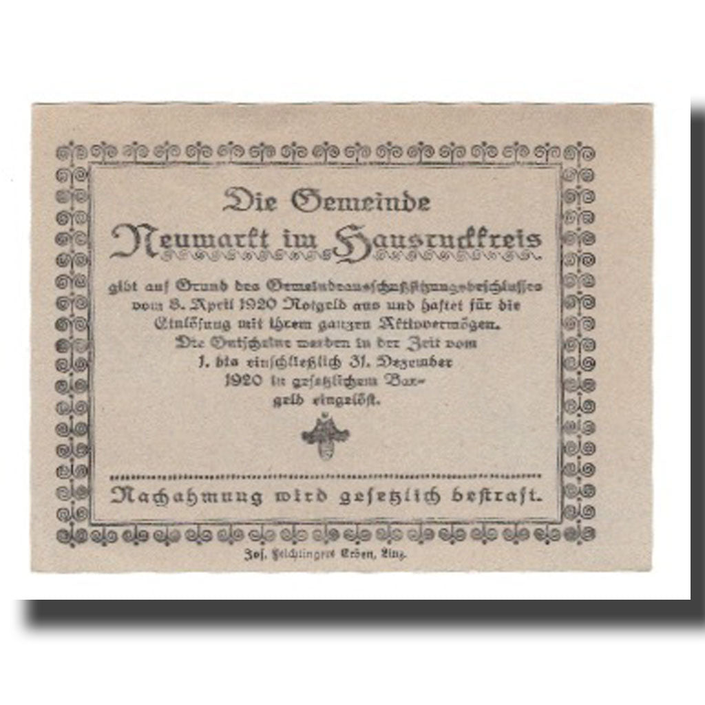 Banknot, Austria, Neumarkt Im Hausruckkreis O.Ö. Gemeinde, 20 Heller, Texte
