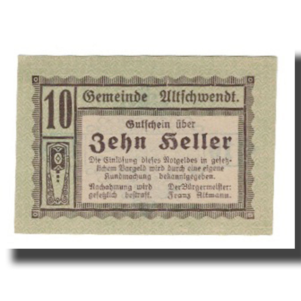 Banknot, Austria, Altschwendt O.Ö. Gemeinde, 10 Heller, valeur faciale, 1920