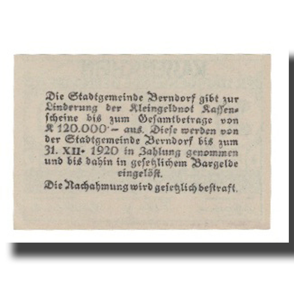 Billet, Autriche, Berndorf N.Ö. Stadtgemeinde, 30 Heller, Texte, 1920