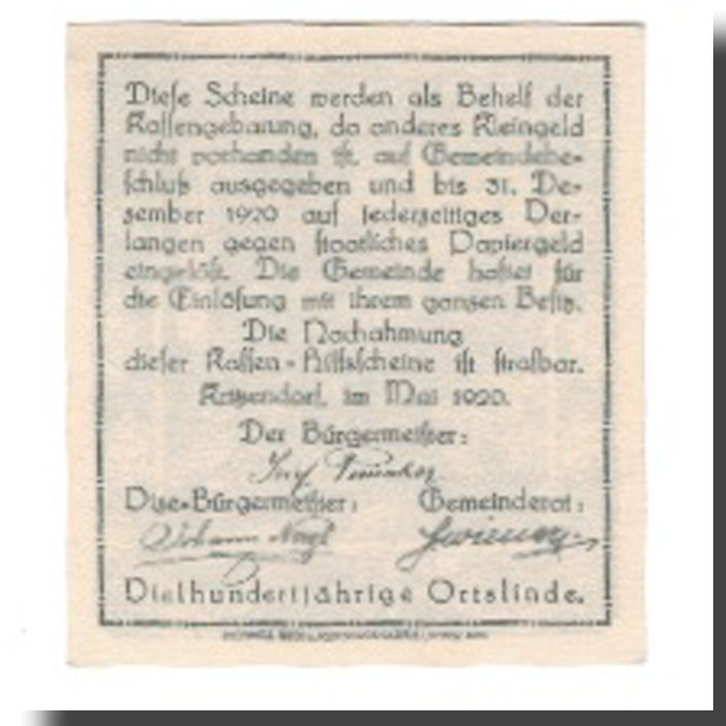 Banknote, Austria, Kritzendorf N.Ö. Gemeinde, 10 Heller, Texte, 1920