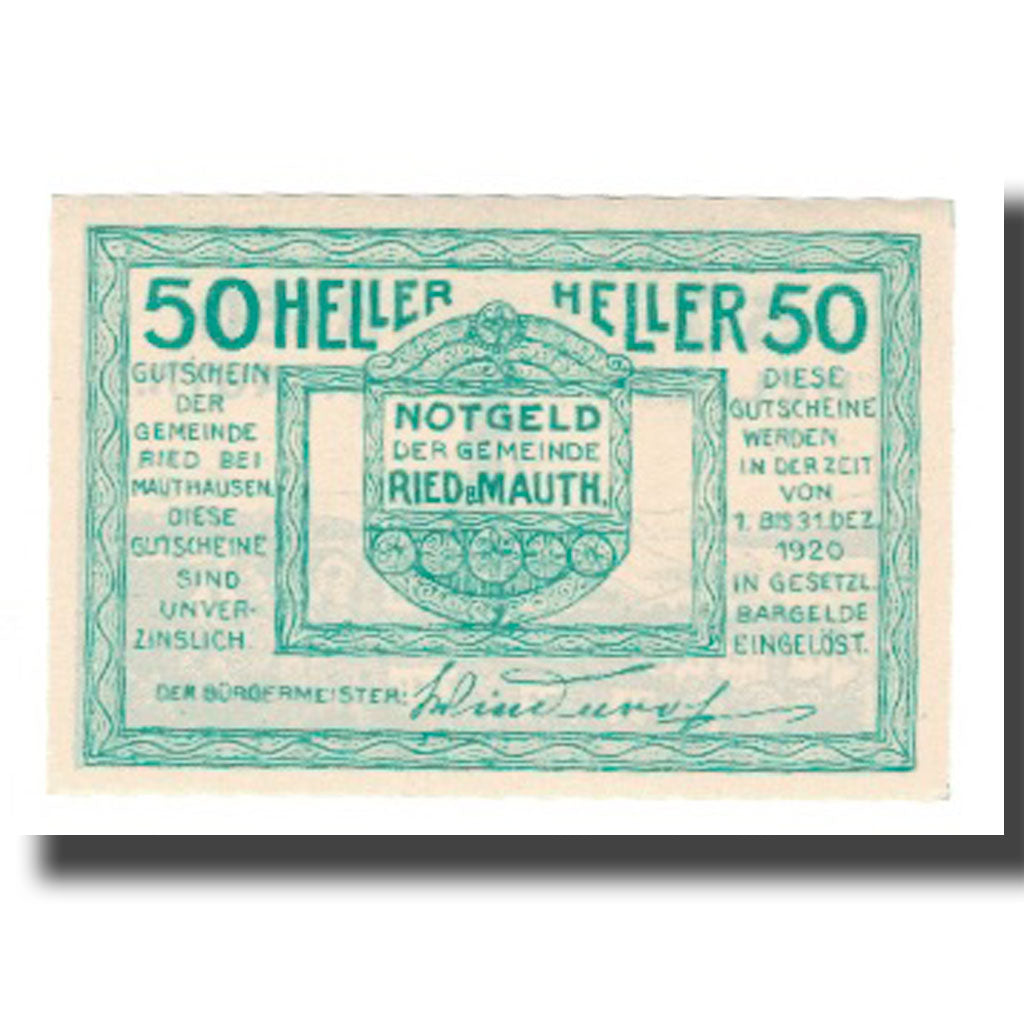 Banknote, Austria, Ried bei Mauthausen O.Ö. Gemeinde, 50 Heller, village, 1920