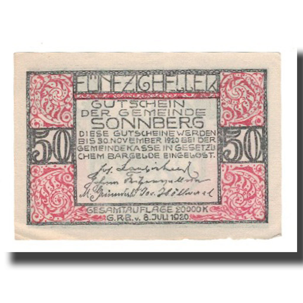 Banknot, Austria, Sonnberg Sbg. Gemeinde, 50 Heller, personnage, 1920