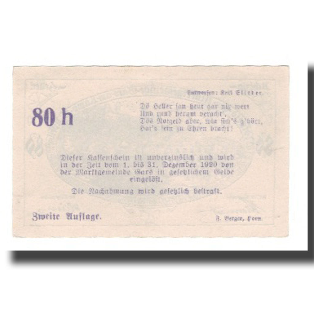Banknot, Austria, Gars am Kamp N.Ö. Marktgemeinde, 80 Heller, Texte, 1920