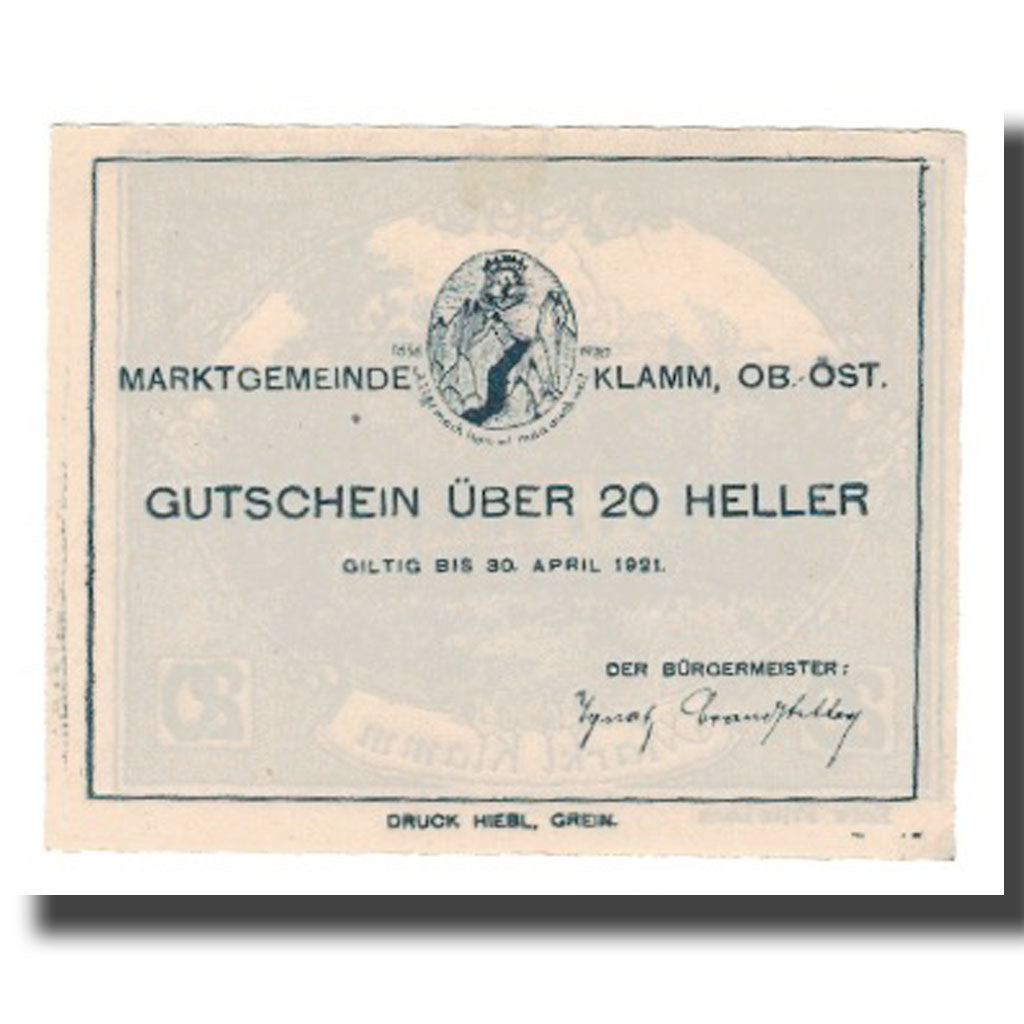 Banknot, Austria, Klamm O.Ö. Marktgemeinde, 20 Heller, valeur faciale, 1921