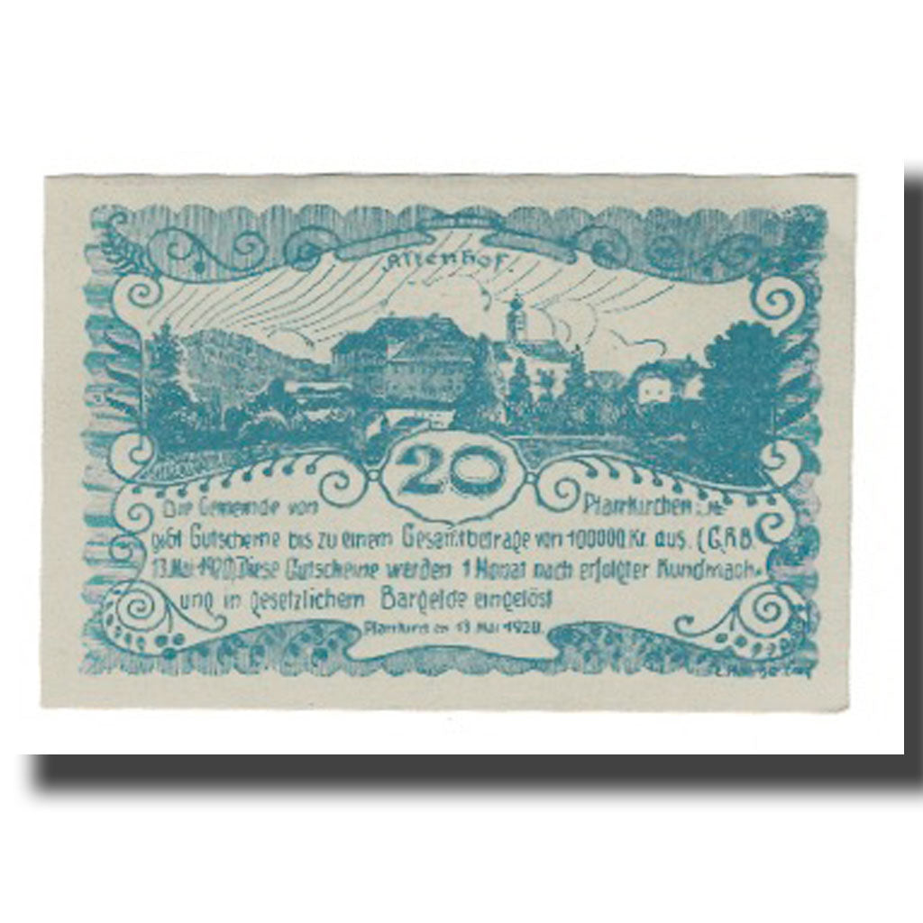 Banknot, Austria, Pfarrkirchen im Mühlkreis O.Ö. Gemeinde, 20 Heller, paysage