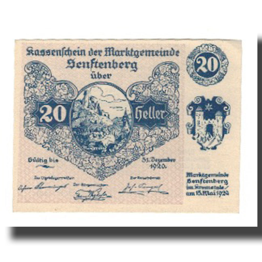 Banknot, Austria, Senftenberg N.Ö. Gemeinde, 20 Heller, Texte, 1920
