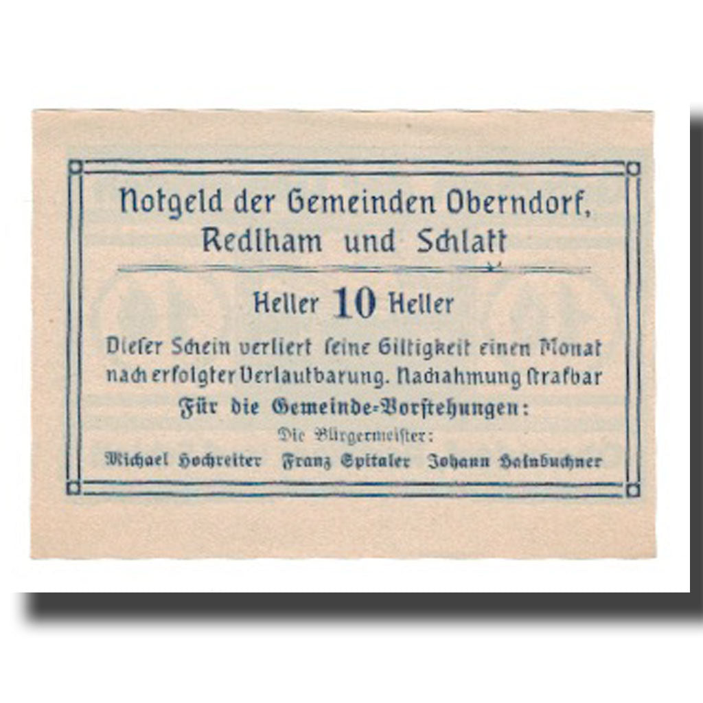 Banknot, Austria, Oberndorf Redlham Schlatt O.Ö. Gemeinden, 10 Heller, Texte