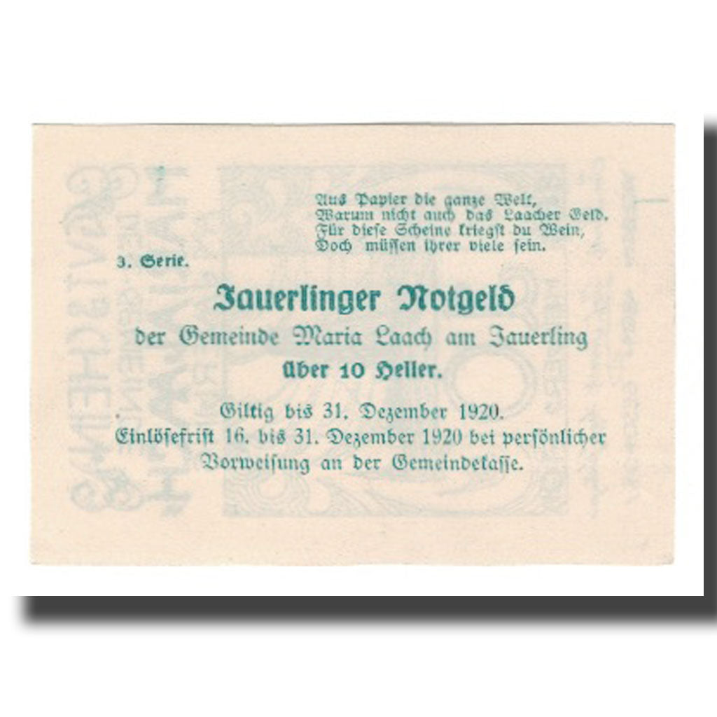 Banknot, Austria, Maria-Laach am Jauerling Gemeinde, 10 Heller, Texte, 1920