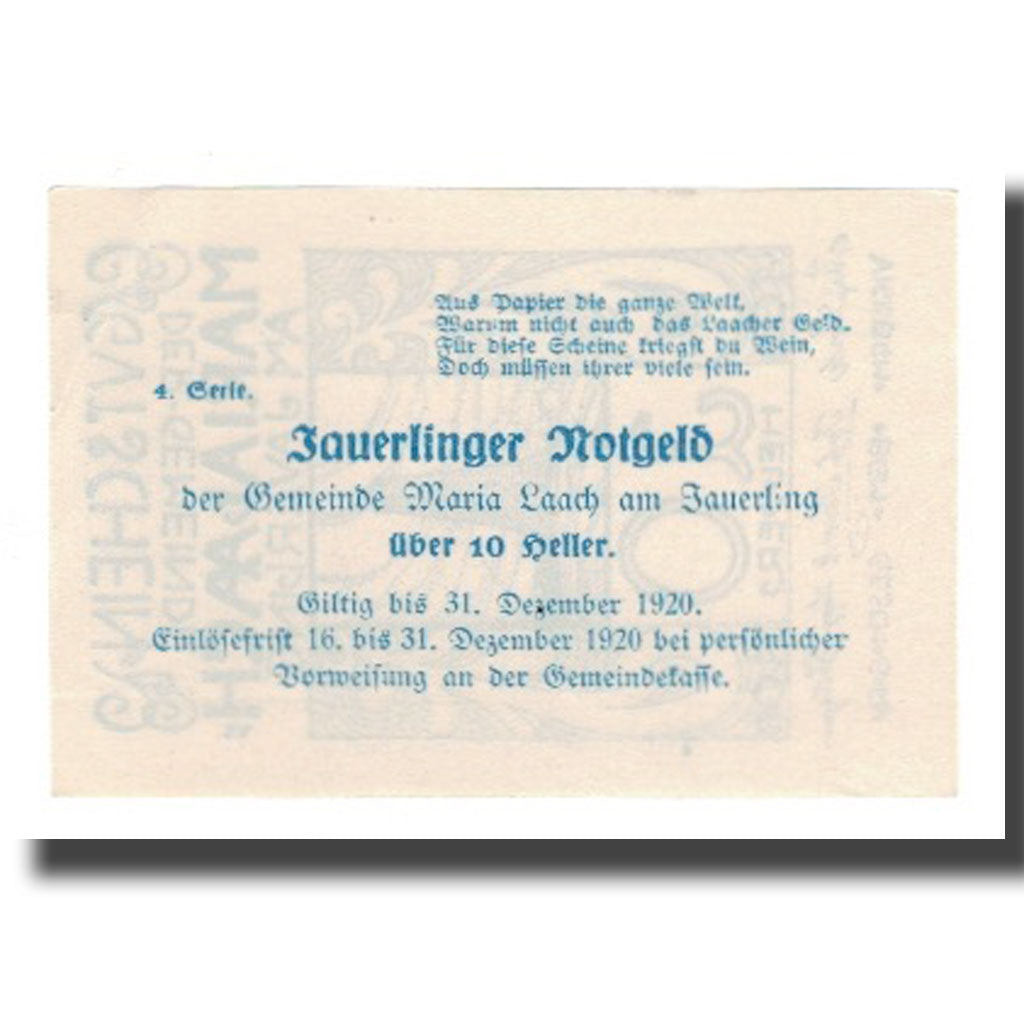 Banknot, Austria, Maria-Laach am Jauerling Gemeinde, 10 Heller, texte 1, 1920