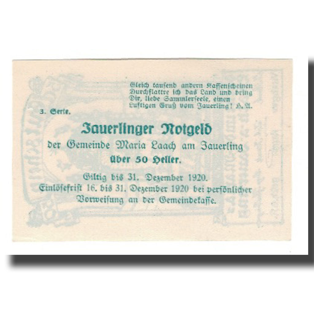 Banknot, Austria, Maria-Laach am Jauerling Gemeinde, 50 Heller, Texte 3, 1920