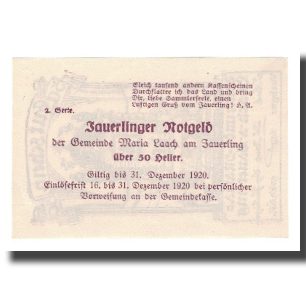Banknote, Austria, Maria-Laach am Jauerling Gemeinde, 50 Heller, Texte 4, 1920